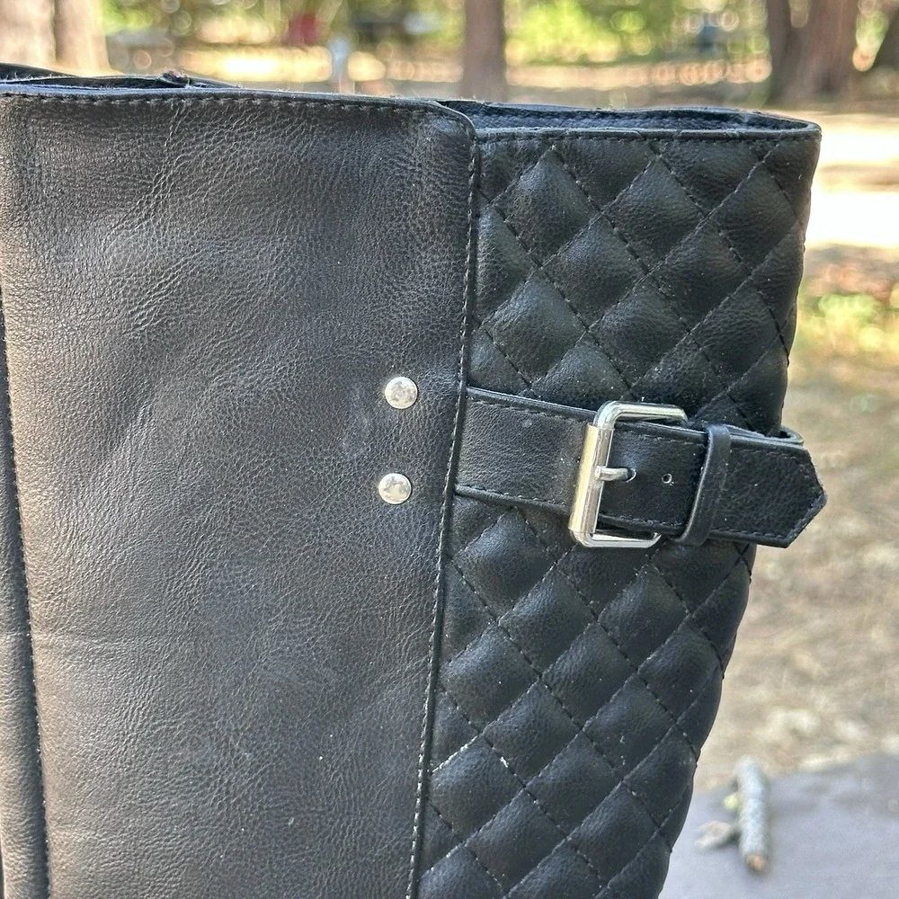 Kohl's Faux Leather Black Biker Boots Size 4 Buckles Side Zip Mid Calf Big Girls